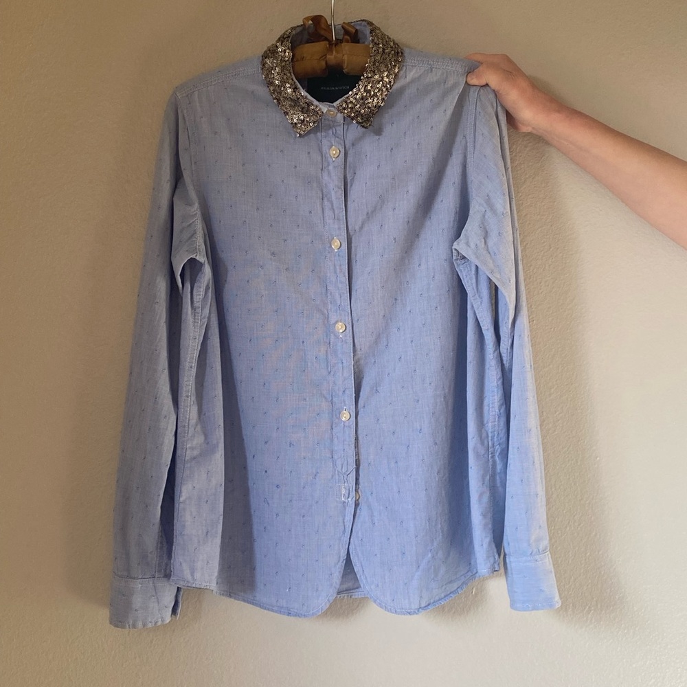 Maison scotch glitter sequined blue button down shirt